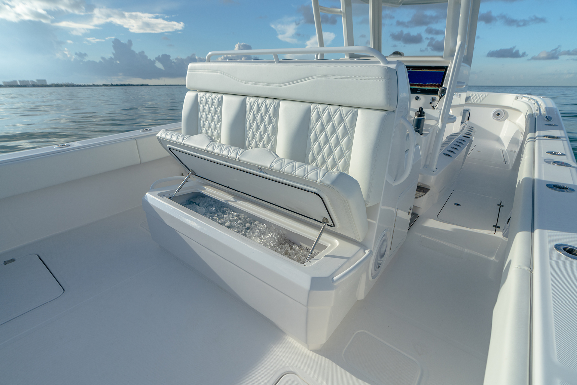 Invincible 33' Catamaran built in ice bucket underneath bench seats