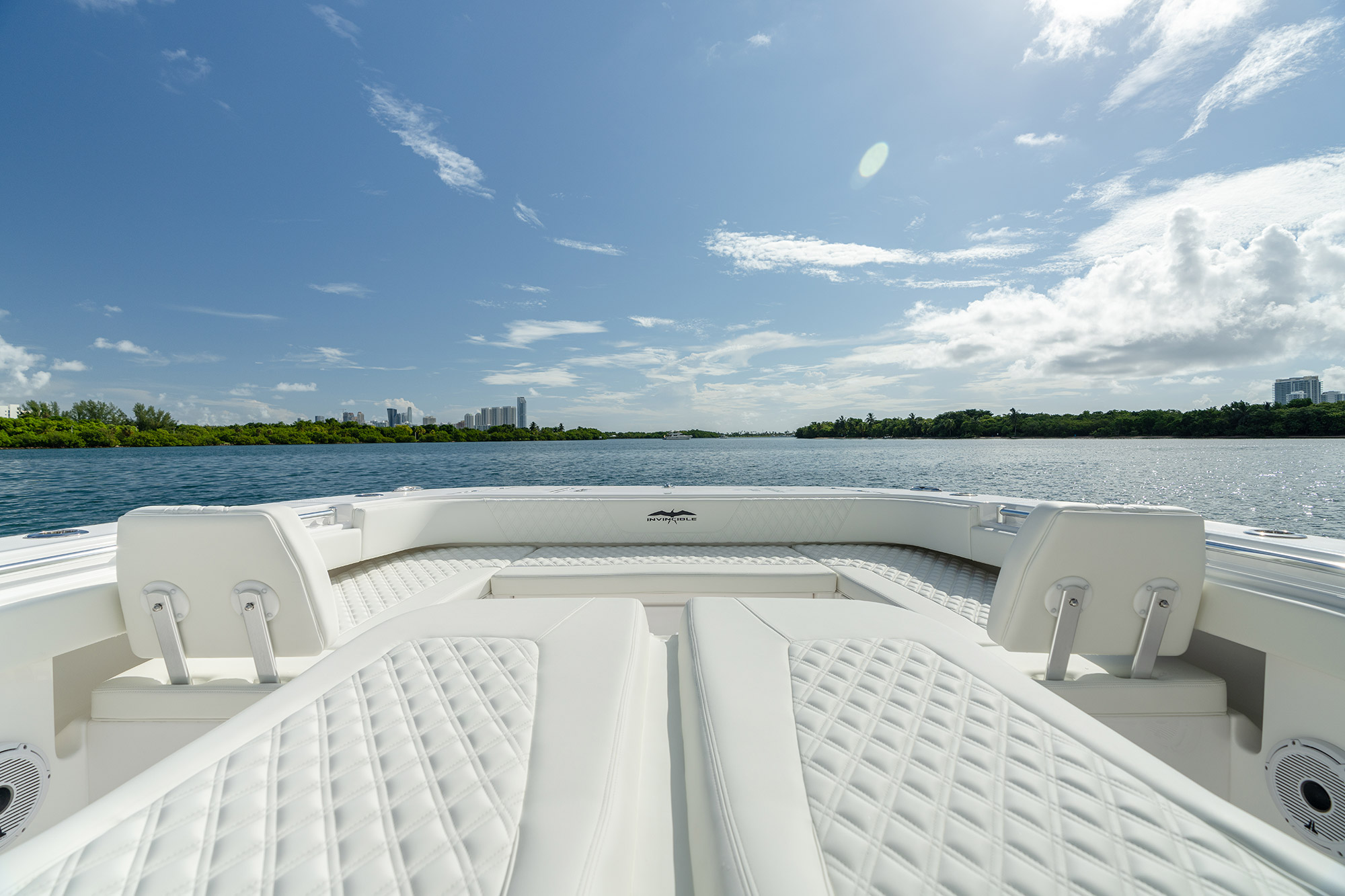 Invincible 38' Catamaran view from the deck looking onto the water