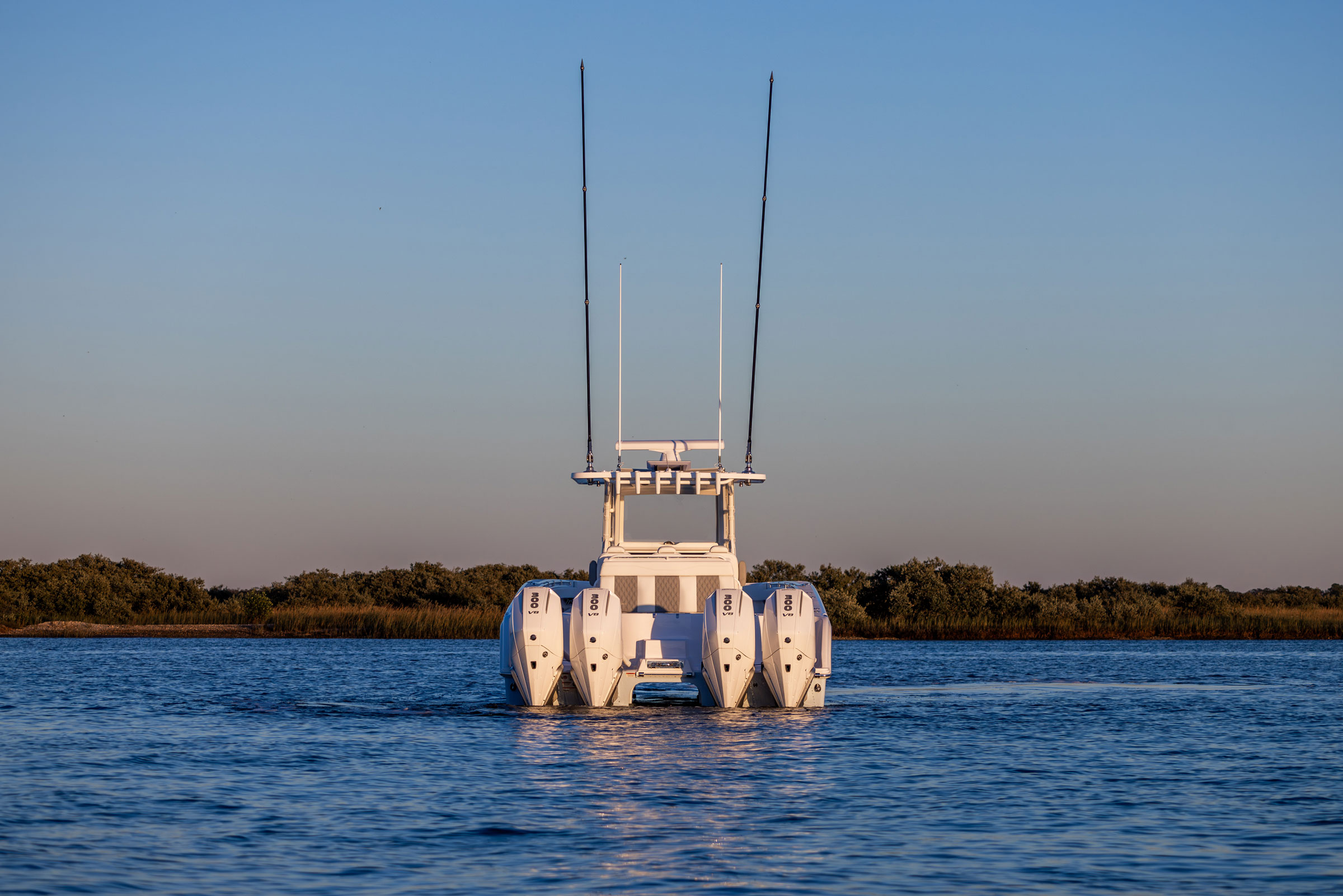 Invincible 38' Catamaran view from the back on the water