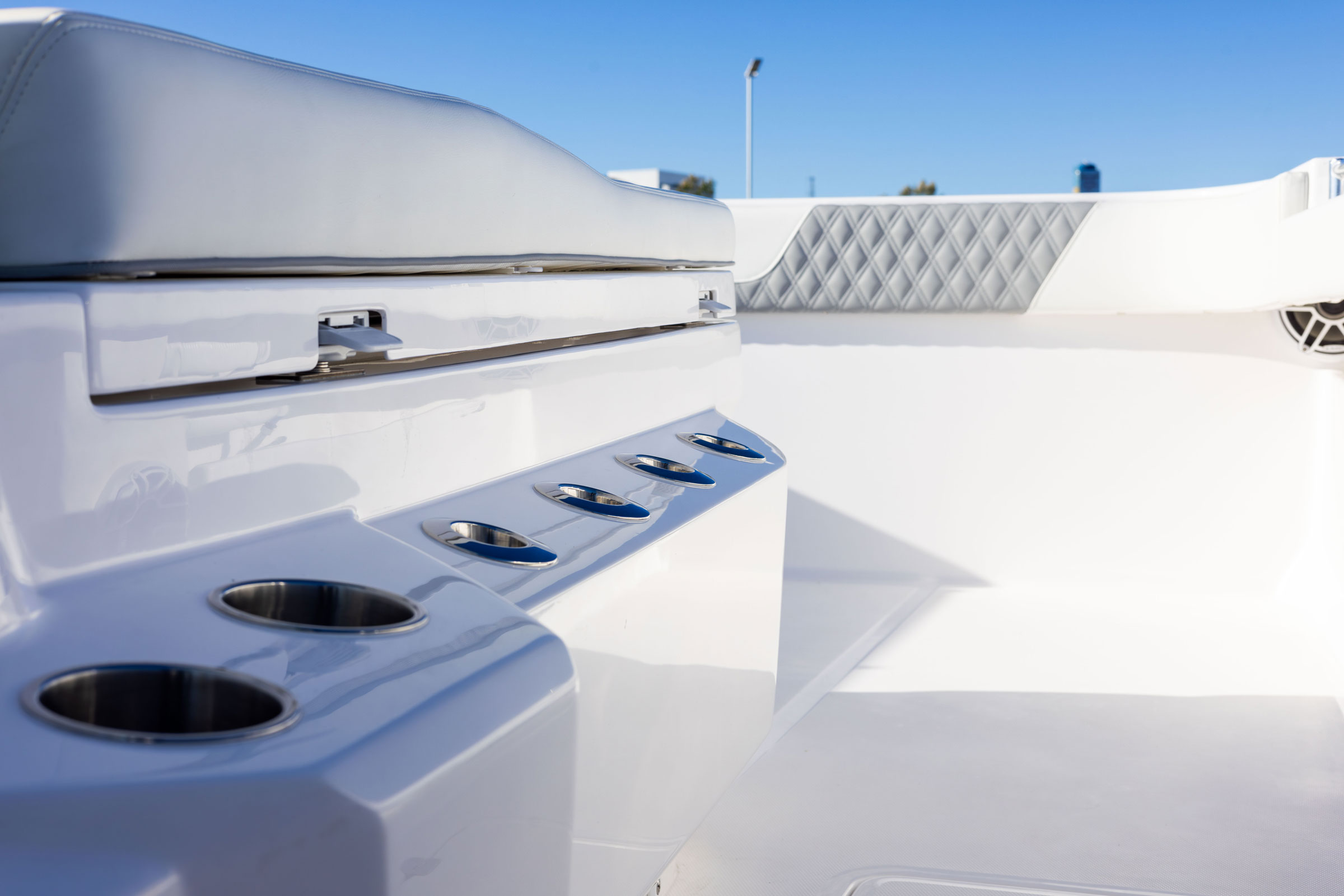 Invincible 38' Catamaran close up of on deck cup holders