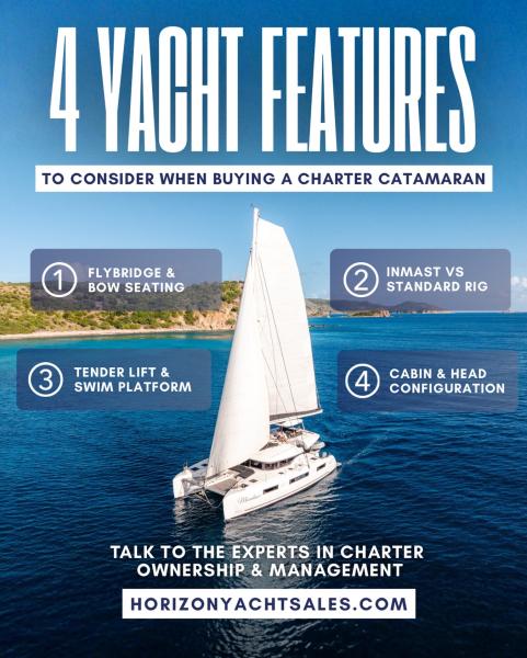 If you’re in the market for a new or used catamaran and looking at charter placement to help offset costs, consider these 4 yacht features:

1️⃣Flybridge and bow seating - optimize the areas on the yacht available for lounging and socializing.
2️⃣In-mast furling vs standard rig - consider the convenience of easier sail handling especially, for short-handed sailing.
3️⃣Tender lift and swim platform - avoid towing a dinghy and the risk of wrapping a prop. Offer easy sea access for swimming or stepping on and off a dinghy.
4️⃣Cabin & head configuration- discuss which layout works best for your personal needs and also meets charter demands to maximize utilization during the charter season.

Speak with our team of tax free yacht ownership experts today:
 📧 yachtsales@horizonyachtcharters.com
☎️+1 844 494 8787
📲+1 (284) 340-5013
🔗visit link in bio to learn more

#catamaranownership #yachtownership #chartermanagement #catamaranlife #horizonyachtsales