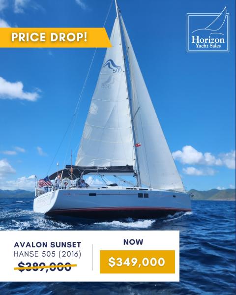 ❗️PRICE DROP ALERT❗️
AVALON SUNSET - 2016 HANSE 505 
3 CABINS / 3 HEADS
NOW $349,000 (was $389,000) SAVE $40,000
LOCATION: BVI

Request a virtual tour or in-person appointment with Giles Starkey to view Avalon Sunset
📧giles@horizonyachtcharters.com
📲+1 (284) 340 5013
☎️:1 844 494 8787 

Lovingly maintained by her original owner, this 3-cabin, owners’ layout Hanse 505 has been kept in outstanding condition with low engine hours and an impressive list of upgrades. Every detail reflects pride of ownership, making this yacht a true standout in her class.

🔧UPGRADES 
  New mainsail and jib (replaced 2022)
 New service batteries (replaced 2025)
 New bow thruster batteries (replaced 2024)

📈PERFORMANCE
Her 7’ rudder and 8’ keel provide remarkable balance, responsiveness, and control in all conditions. The sleek hull form and powerful sail plan deliver exhilarating performance:

 •7.5 knots in 13 knots of apparent wind
 •9 knots in 16–19 knots apparent wind
 •Sustained speeds of 9.8–10.6 knots with ease
 •Points as close as 28–32° to the wind and tacks effortlessly

📋SPECIFICATIONS:
Length: 50’5” (15.37m)
Beam: 15’58” (4.54m)
Draft: 7’83” (2.19m)
Displacement: 30,900lb
Engine: Yanmar 72HP diesel
Fresh water: 171.71 gallons
Fuel:79.25 gallons

This stunning sailing yacht is ready for her next adventure! Don’t miss this incredible opportunity to own a premium Hanse 505 at an unbeatable price ⛵️

Link in bio for full specs and details.

📥DM before she’s gone!

#PriceDrop #Hanse505 #hanseforsale #BoatForSale #HorizonYachtSales